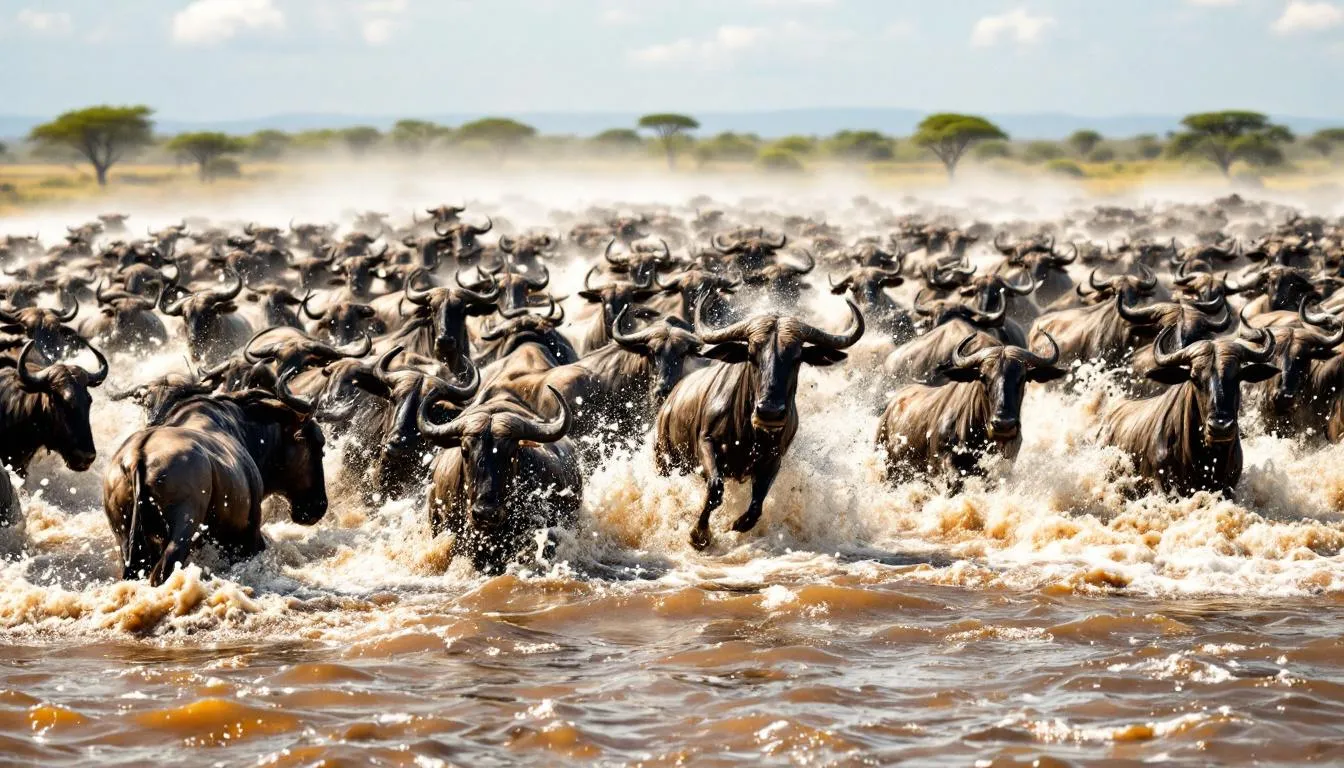 A stunning scene captures the Great Migration, with a massive herd of wildebeest crossing the Mara River in the Maasai Mara National Reserve, Kenya. This thrilling adventure showcases the natural habitat of these animals as they journey towards greener pastures, a highlight of any Kenya safari experience.