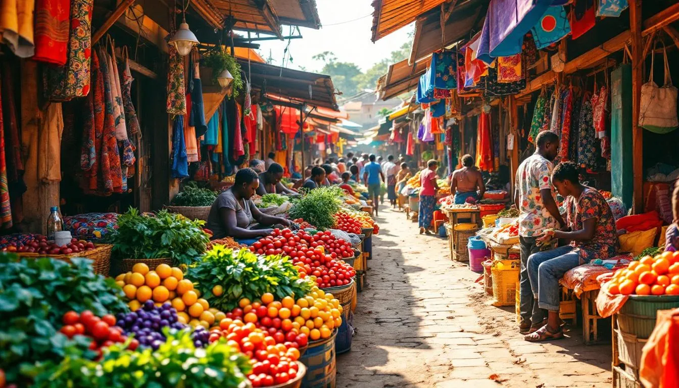 A vibrant Kenyan market scene bustling with local people selling a variety of fresh fruits and vegetables, showcasing the rich culture and lively atmosphere of Kenya. This colorful setting is a great representation of the country's local life, often highlighted in Kenya tours.