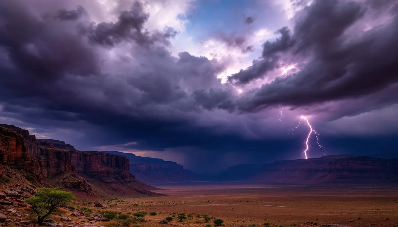 Dramatic storm clouds loom over the expansive Great Rift Valley landscape, showcasing the natural beauty of Kenya. This captivating scene highlights the rugged terrain and the vibrant colors of the earth, typical of the stunning views found in the Maasai Mara National Reserve and other national parks in East Africa.