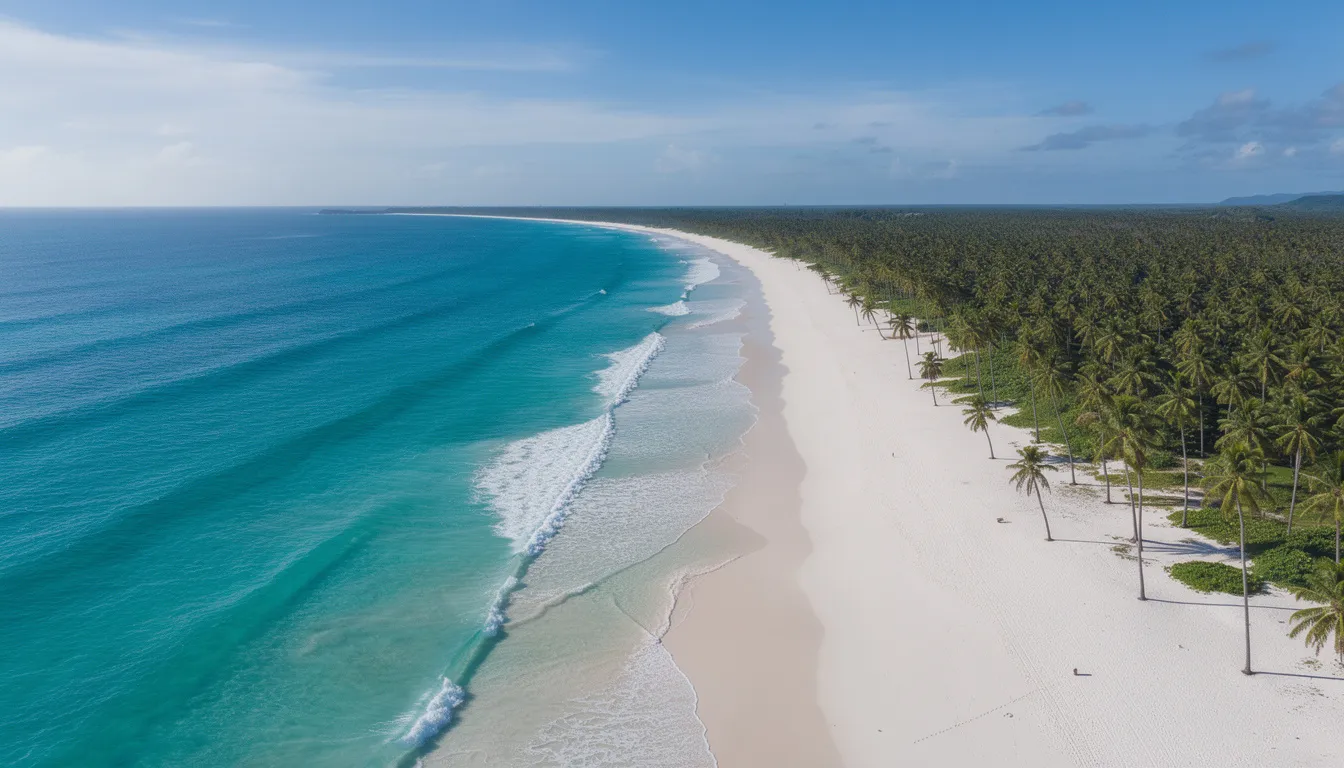 An aerial view captures the stunning Diani Beach, showcasing its pristine white sands and vibrant turquoise waters, bordered by lush palm trees. This tropical paradise is perfect for water sports and offers a glimpse of luxurious resorts that provide exceptional service and relaxation options along the Indian Ocean.