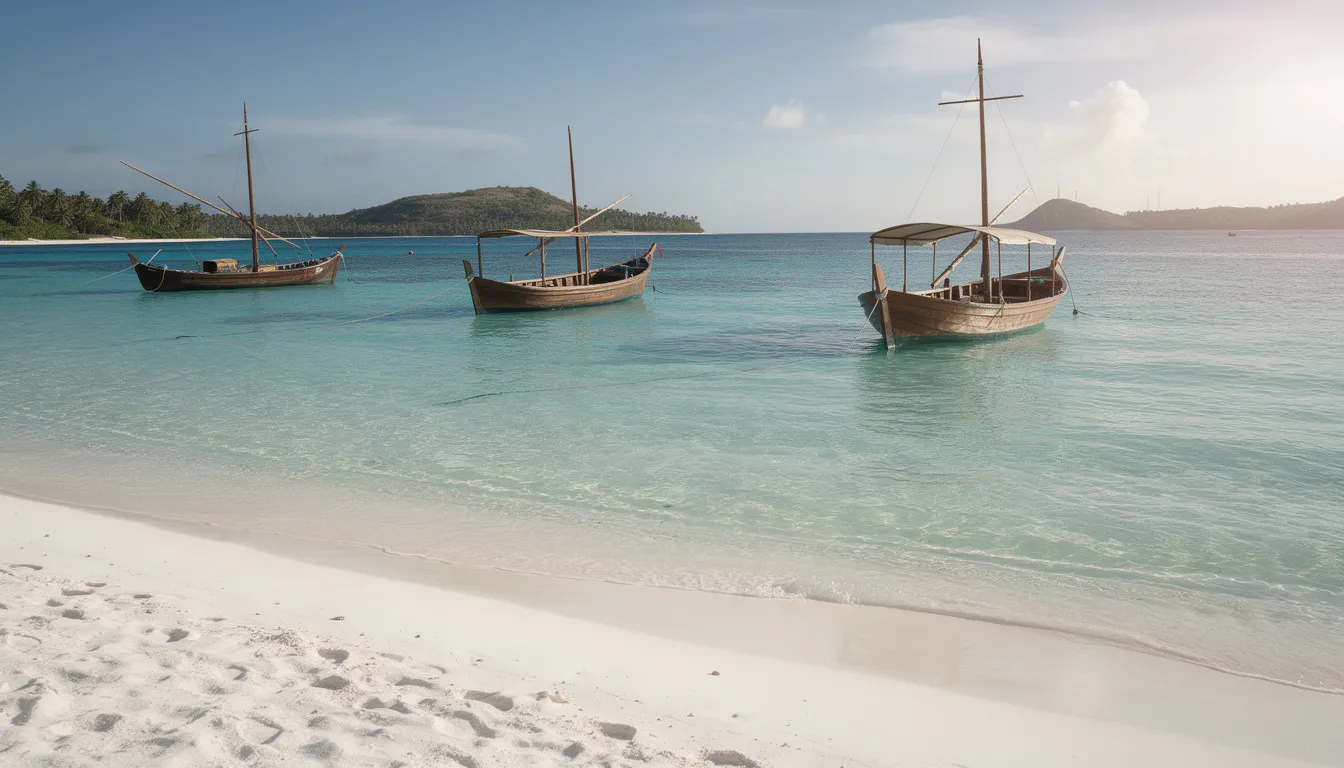 The image depicts a stunning white sandy beach at Diani, with crystal clear turquoise waters gently lapping at the shore and traditional wooden dhow boats anchored nearby. This tropical paradise is perfect for visitors looking to enjoy water sports, deep sea fishing, and the vibrant marine life of the Indian Ocean.