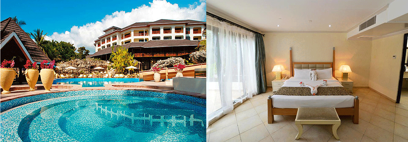 Diani Reef Luxury beachfront resort room and terrace with private pool overlooking palm trees and ocean.