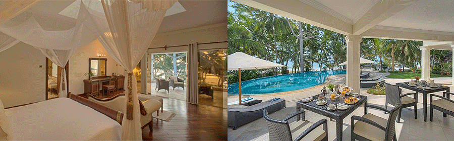 Luxury beachfront villa at Almanara Resort with canopy bed, private terrace, pool, and ocean view.