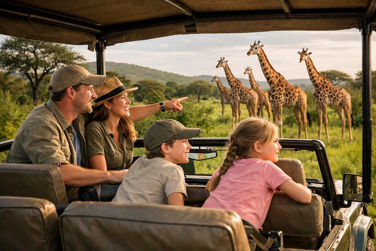 A family enjoys an unforgettable game drive together, spotting a tower of giraffes in the lush Kenyan wilderness — personalized safari adventures designed for all ages.