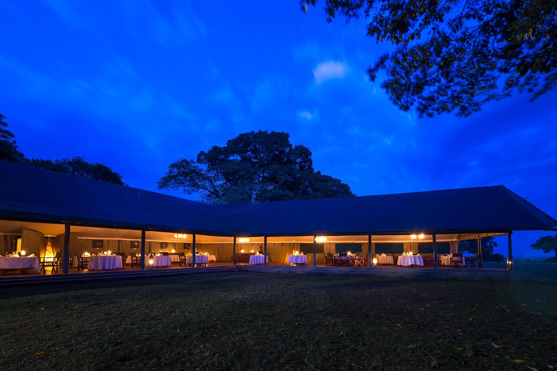 A classic safari camp under the African night sky — canvas tent aglow beside a crackling campfire with the Milky Way stretching overhead and acacia silhouettes on the horizon.