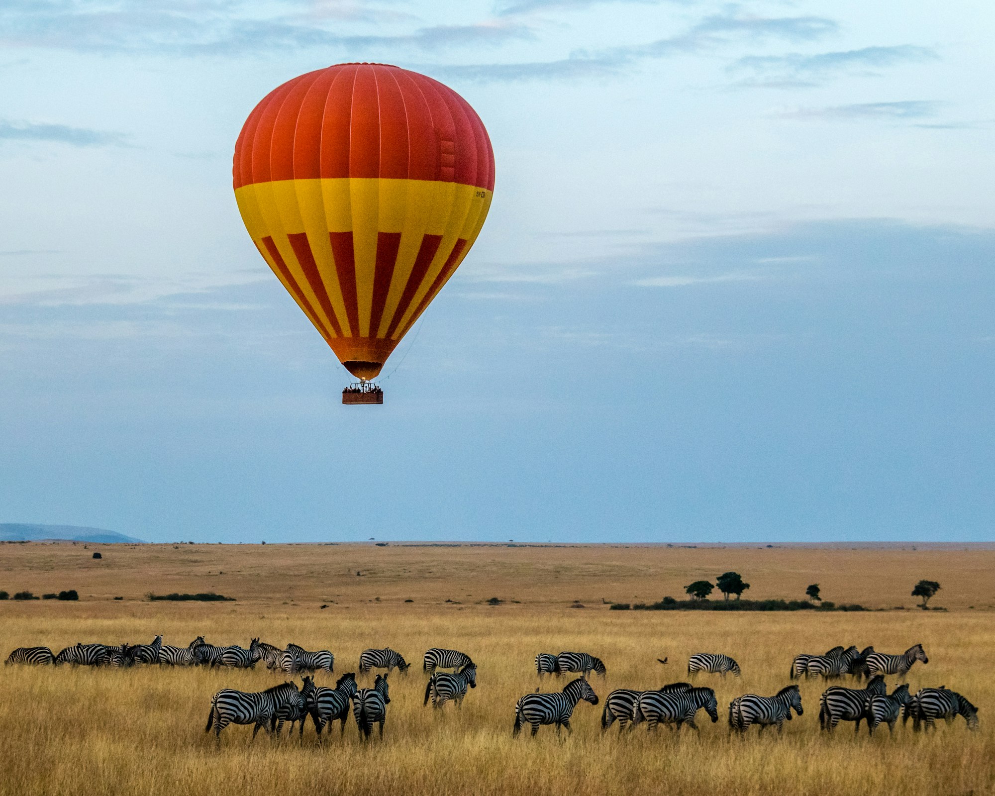 Romantic hot air balloon safari over the Masai Mara at sunrise.